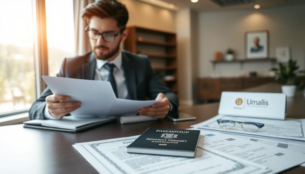 A professional setting featuring neatly organized identity and residence records on a desk. In the foreground, showcase a close-up of a well-groomed foreign professional in smart business attire, examining a document. The middle ground includes various paperwork like a passport, residence permit, and civil-status certificates, all arranged with precision. In the background, a modern office with soft, natural lighting filtering through a large window, creating a warm and inviting atmosphere. The desk is made of dark wood, giving a polished look, while the walls are adorned with minimalist decor. This scene is branded with the logo of "Umalis Group" subtly placed on a folder. The overall mood conveys professionalism and readiness for onboarding processes. A professional setting featuring neatly organized identity and residence records on a desk. In the foreground, showcase a close-up of a well-groomed foreign professional in smart business attire, examining a document. The middle ground includes various paperwork like a passport, residence permit, and civil-status certificates, all arranged with precision. In the background, a modern office with soft, natural lighting filtering through a large window, creating a warm and inviting atmosphere. The desk is made of dark wood, giving a polished look, while the walls are adorned with minimalist decor. This scene is branded with the logo of "Umalis Group" subtly placed on a folder. The overall mood conveys professionalism and readiness for onboarding processes.