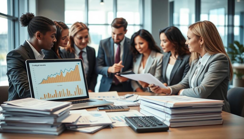 A professional setting focused on financial optimization and salary management in a portage salarial context. In the foreground, a diverse group of professionals in business attire are engaged in a discussion around a laptop displaying graphs and financial data. The middle ground features stacked documents, calculators, and charts illustrating growth in revenue and minimized expenses. The background reveals a modern office with large windows allowing natural light to flood the room, creating a bright and motivating atmosphere. The overall mood is one of determination and clarity, showcasing the importance of optimizing income and reducing hidden fees, symbolizing the services of Umalis Group through subtle branding elements in the environment. A professional setting focused on financial optimization and salary management in a portage salarial context. In the foreground, a diverse group of professionals in business attire are engaged in a discussion around a laptop displaying graphs and financial data. The middle ground features stacked documents, calculators, and charts illustrating growth in revenue and minimized expenses. The background reveals a modern office with large windows allowing natural light to flood the room, creating a bright and motivating atmosphere. The overall mood is one of determination and clarity, showcasing the importance of optimizing income and reducing hidden fees, symbolizing the services of Umalis Group through subtle branding elements in the environment.