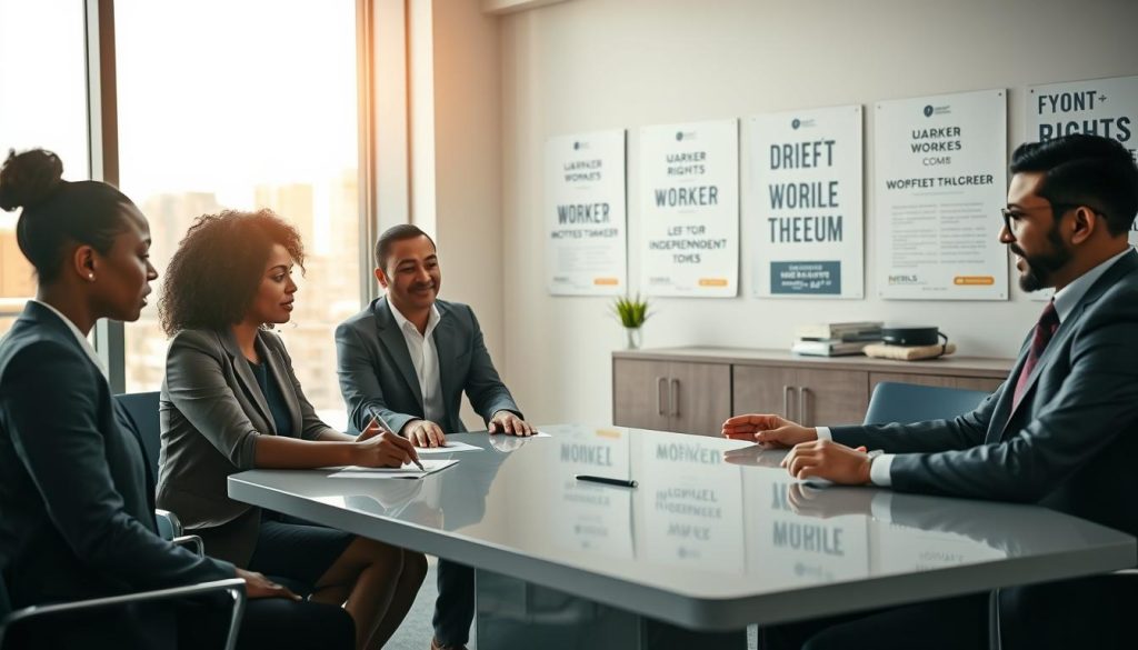 A professional setting focused on the concept of "droits activité travail". In the foreground, a diverse group of four professionals (a Black woman, a Hispanic man, a Caucasian woman, and a South Asian man) in smart business attire, engaged in a collaborative discussion around a sleek conference table. They appear focused and united, showcasing teamwork and support in the context of work rights. In the middle ground, a large window letting in warm natural light, revealing a city skyline, symbolizing growth and opportunity. The background features a well-organized office space with motivational posters emphasizing worker rights and security. The atmosphere is one of professionalism, optimism, and support for independent workers within the framework of UMALIS GROUP's services. The image should have soft, diffused lighting for a welcoming feel, with a shallow depth of field to emphasize the group in focus.