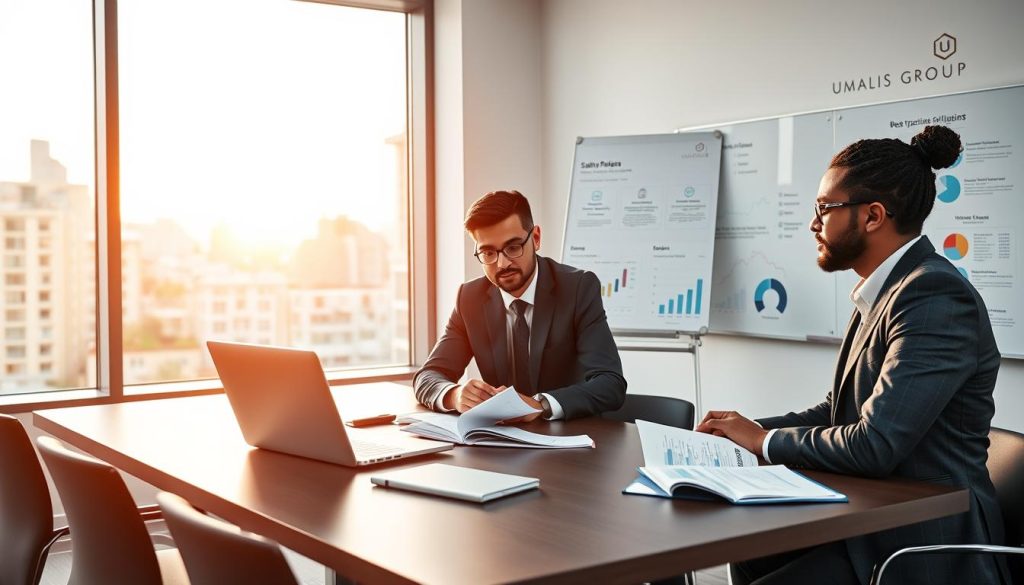 A professional setting highlighting "best practices and pitfalls to avoid" in salary portage in France. In the foreground, a diverse group of three business professionals—two men and one woman—engaged in a focused discussion around a modern conference table. They are dressed in smart business attire, with notebooks and a laptop open, showcasing financial documents and charts. In the middle ground, a large window reveals an urban office view with the light of a late afternoon sun creating a warm atmosphere. The background features a whiteboard filled with colorful graphs and key points related to the topic. The image gives a sense of collaboration, professionalism, and expertise, subtly branded with "UMALIS GROUP" in a non-distracting manner. Captured with a slight tilt-angle, ensuring dynamic depth with soft, natural lighting.