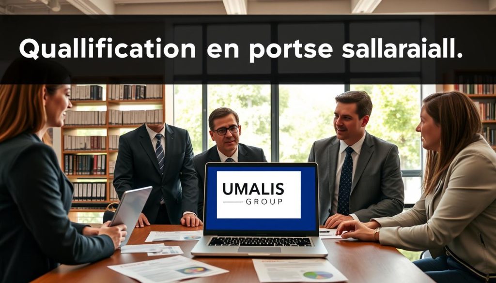 A professional setting illustrating "Qualification en portage salarial." In the foreground, a diverse group of three professionals—a woman in smart business attire, a man in a tailored suit, and another individual in business casual—engaged in a discussion around a table with laptops and documents showcasing certification details. In the middle ground, a large window reveals a bright, modern office environment with greenery outside, suggesting a fresh start. The background features shelves filled with books on business and finance. Soft, natural lighting illuminates the scene, creating a welcoming and focused atmosphere. A logo for "UMALIS GROUP" subtly placed on a laptop screen. The image conveys professionalism, collaboration, and the importance of qualifications in portage salarial.