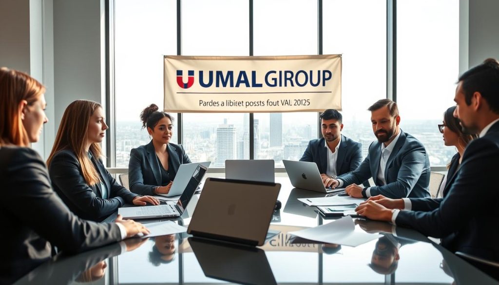 A professional setting illustrating "Responsabilité civile professionnelle en portage salarial." In the foreground, a diverse group of professionals in smart business attire sits around a sleek conference table, engaged in discussion. They each have laptops open, with documents and contracts spread out, highlighting the importance of insurance check during new missions. In the middle ground, a large, modern window shows a city skyline, suggesting a bustling business environment. The lighting is bright and natural, casting soft shadows that create a warm, collaborative atmosphere. In the background, a banner displays the brand name "UMALIS GROUP," emphasizing professionalism and endorsement of their services. The overall mood is focused, encouraging a sense of diligence and responsibility in the work environment.