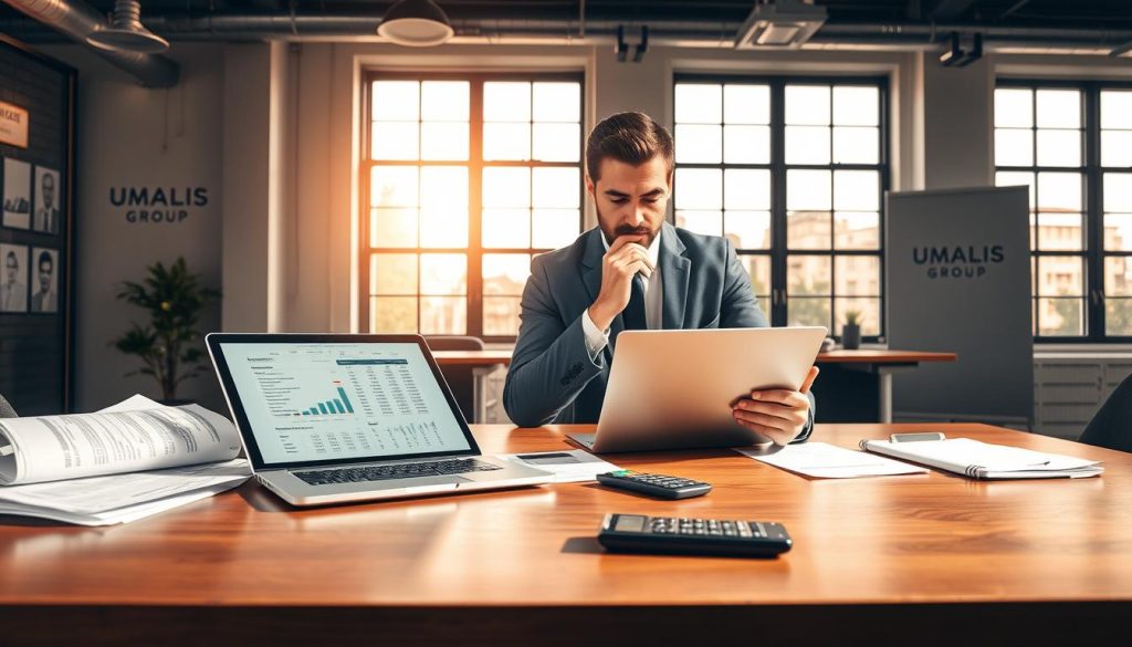 A professional setting illustrating "Salaire net et frais en portage salarial." In the foreground, a polished wooden desk lined with financial documents, a sleek laptop displaying spreadsheets, and a calculator, suggesting a focus on income calculation. In the middle, a thoughtful business professional in smart attire, analyzing figures, looking engaged and insightful. The background features a modern office with large windows letting in warm, natural light, creating an inviting atmosphere. Soft shadows enhance the depth of the scene, capturing a sense of focused productivity. The space is airy and well-organized, emphasizing clarity and professionalism, with subtle branding elements visible that reference "UMALIS GROUP." The overall mood is one of determination and analysis, ideal for illustrating financial concepts in the workplace.