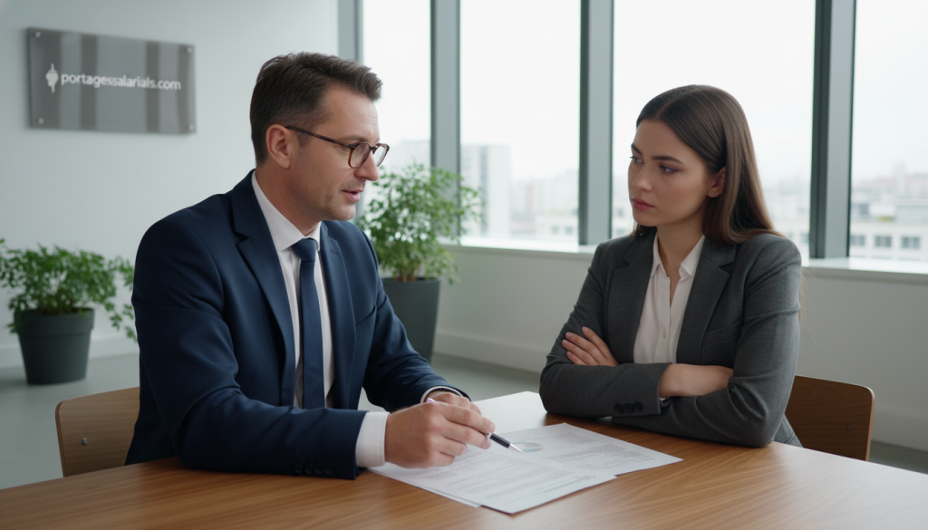 A professional setting illustrating a disagreement between a business consultant and a client, both depicted in professional attire. The consultant, a middle-aged man with glasses, sits confidently at a desk, pointing towards a document, while the client, a young woman with an attentive expression, sits across from him with arms crossed. The focus is on their engaged expressions, highlighting the tension yet maintaining a respectful atmosphere. In the background, a modern office with large windows, plants, and soft, natural lighting enhances the scene, suggesting a space for open dialogue. The mood is serious yet constructive, emphasizing resolution and understanding. Include the subtle branding of portagesalarials.com in an unobtrusive manner within the office decor.
