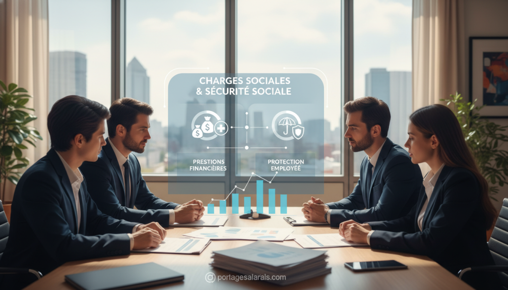 A professional setting illustrating "charges sociales sécurité sociale." In the foreground, a diverse group of workers in professional business attire, engaged in a thoughtful discussion around a table stacked with documents and graphs, symbolizing social charges and social security. In the middle, a large, clear infographic on a digital screen illustrating financial benefits and employee protection. The background features a modern office with large windows allowing soft natural light to illuminate the space, creating a warm atmosphere. The overall mood is collaborative and insightful, emphasizing the importance of understanding social charges and security for professionals. Include subtle branding of "portagesalarials.com" integrated into the design of the documents.