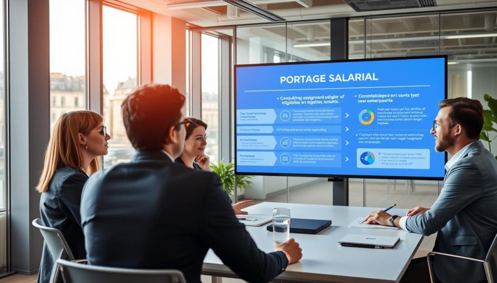 A professional setting illustrating consulting assignment eligibility conditions in France. In the foreground, a diverse group of three professionals, dressed in smart business attire, engaged in a discussion around a modern conference table. The middle layer showcases a large digital screen displaying key points about Portage Salarial, with visual elements like checklists and graphs. The background features a stylish office with large windows letting in natural light, showing a view of Paris. The lighting is bright and warm, creating an inviting atmosphere. The mood is collaborative and focused, emphasizing clarity and professionalism. Include subtle branding elements of "Umalis Group" within the office décor, ensuring it blends naturally into the scene.