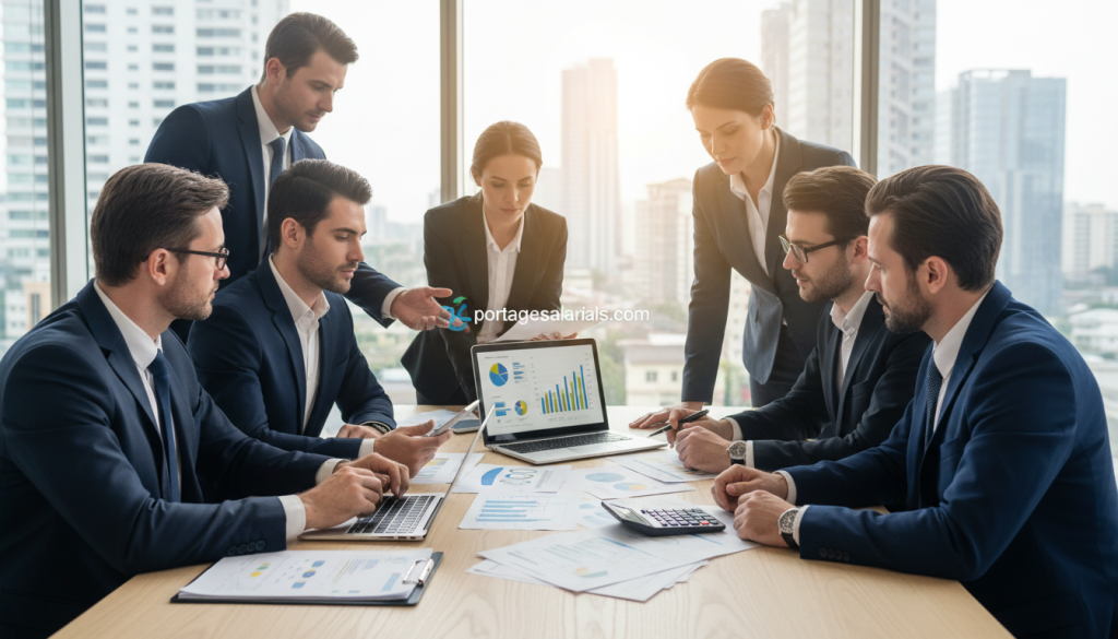 A professional setting illustrating "rémunération" through a balanced composition. In the foreground, a diverse group of business professionals in smart attire discussing financial documents, with expressions of engagement and focus. The middle ground features a modern desk with a laptop, charts, and invoices, emphasizing organization and financial planning. In the background, a bright office environment with large windows allowing natural light to illuminate the scene, creating an optimistic atmosphere. The lens captures the action from a slightly elevated angle, highlighting the collaboration and discussion. The mood is serious yet positive, underscoring the importance of understanding remuneration and social contributions. Include the website "portagesalarials.com" subtly integrated into the design for relevance.