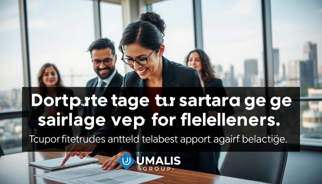 A professional setting illustrating the advantages of portage salarial for freelancers, featuring a diverse group of three people in business attire engaged in a collaborative discussion. In the foreground, a middle-aged woman points at a document on a table, showcasing the benefits of flexible working. The middle layer includes a modern office space with large windows allowing natural light to spill in, highlighting the vibrancy of the workplace. In the background, a city skyline is visible, symbolizing opportunities and growth. The mood is optimistic and dynamic, emphasizing the balance of safety and freedom in freelance work. The logo "UMALIS GROUP" subtly integrated into the scene. Use soft lighting to create a welcoming atmosphere, shot with a slight tilt-angle to convey depth and energy.