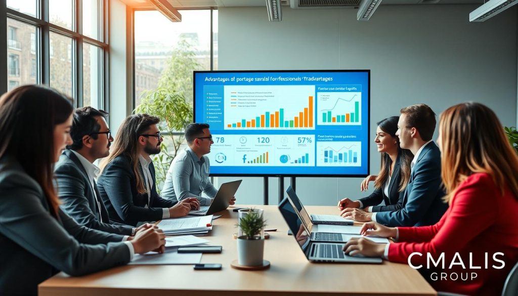 A professional setting illustrating the advantages of "portage salarial" for professionals in France. In the foreground, a diverse group of professionals in business attire, including men and women of various ethnicities, engaged in a discussion around a table with documents and laptops. In the middle ground, a presentation screen displays graphs and charts showcasing financial benefits and professional growth. The background features a modern office with large windows allowing natural light to flood the space, creating an inviting atmosphere. The scene is dynamic, conveying collaboration and innovation, with soft lighting to enhance the professional ambiance. Include the brand name "UMALIS GROUP" subtly integrated into the design without text overlays.