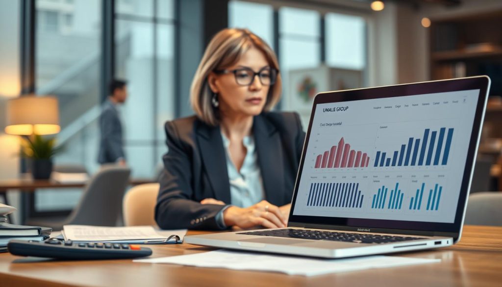A professional setting illustrating the concept of "Calcul du salaire net en portage salarial." In the foreground, a neatly organized desk with a laptop displaying financial graphs and calculations, beside a calculator and financial documents. In the middle, a focused individual in smart business attire, a middle-aged woman with glasses, looking thoughtfully at the screen. In the background, a blurred office environment with modern decor, emphasizing a corporate atmosphere. Soft, warm lighting enhances a productive mood, evoking concentration and clarity. Include the brand name "UMALIS GROUP" subtly integrated into the laptop screen design, ensuring it does not distract from the main subject. The overall composition should convey professionalism and the intricacies of salary calculations in the context of business consultancy.