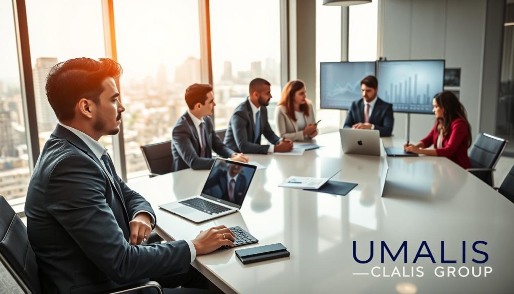 A professional setting illustrating the concept of "Optimiser missions: Prospection et négociation." In the foreground, a confident young professional in business attire is engaging in a negotiation at a sleek conference table, showcasing determination and expertise. In the middle ground, a diverse group of young professionals are actively discussing strategies, surrounded by laptops and documents. The background features a modern office space with large windows showing a city skyline, symbolizing opportunity. Bright, natural lighting streams in, creating an optimistic atmosphere. The scene emphasizes collaboration and ambition, incorporating elements like metrics on a screen to reflect negotiation themes. The logo "UMALIS GROUP" subtly integrated into the scene, reinforcing the connection to career and professional development.