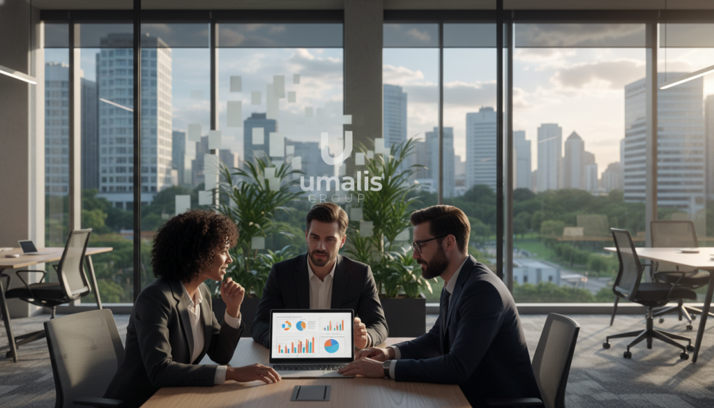 A professional setting illustrating the concept of "Portage Salarial" featuring the "Umalis Group" brand. In the foreground, a diverse group of three individuals in professional business attire—one woman and two men—engaged in a collaborative discussion around a laptop displaying graphs and charts related to business services. In the middle ground, a modern office environment with contemporary furniture and large windows letting in soft, natural light, emphasizing a productive atmosphere. The background shows a skyline view, blending corporate buildings and greenery, symbolizing growth and opportunity. The scene captures an inspirational and motivational mood, highlighting the essence of teamwork and innovation in the context of freelance employment solutions. No text or labels present.