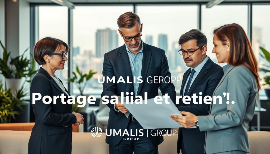 A professional setting illustrating the concept of "Portage salarial et retraite." In the foreground, a diverse group of three individuals in professional business attire—one woman with short hair, one man with glasses, and another man with dark hair—are engaged in a collaborative discussion, reviewing documents and a laptop. In the middle, a modern office environment with stylish furniture, large windows letting in natural light, and plants for a fresh touch. The background features a skyline view, symbolizing opportunity and growth. The atmosphere is focused and optimistic, conveying the themes of collaboration and preparation for retirement under the framework of portage salarial. The brand name "UMALIS GROUP" subtly integrated into the office decor. Soft, warm lighting enhances the inviting atmosphere.
