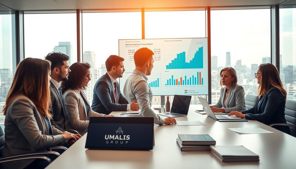 A professional setting illustrating the concept of "TJM portage salarial" in the field of IT consulting. In the foreground, a diverse group of business professionals, dressed in smart business attire, engage in a focused discussion around a modern conference table, papers and laptops open. In the middle ground, a large digital screen displays data charts and financial models related to remuneration and consultant fees, emphasizing clarity and transparency. In the background, large windows let in natural light, showcasing a dynamic city skyline, symbolizing opportunity and freedom. The atmosphere is vibrant yet professional, with soft lighting creating an inviting ambiance. Include subtle brand elements of "UMALIS GROUP" integrated into the digital display or on brochures on the table, ensuring a cohesive look without text overlays.