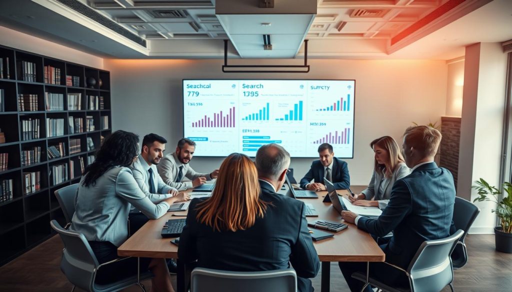 A professional setting illustrating the concept of administrative constraints in "portage salarial." In the foreground, a diverse group of professionals dressed in smart business attire are gathered around a conference table, looking at documents, laptops, and charts, symbolizing the complexities of freelance work and compliance. In the middle ground, a large screen displays graphs and statistics reflecting mission searches and administrative processes. The background features an office environment with modern decor, bookshelves filled with business volumes, and soft overhead lighting creating a focused atmosphere. Capture this scene from a high-angle perspective to emphasize collaboration and analysis. The mood should be serious yet motivational, encapsulating the challenges and strategies involved with "UMALIS GROUP." A professional setting illustrating the concept of administrative constraints in "portage salarial." In the foreground, a diverse group of professionals dressed in smart business attire are gathered around a conference table, looking at documents, laptops, and charts, symbolizing the complexities of freelance work and compliance. In the middle ground, a large screen displays graphs and statistics reflecting mission searches and administrative processes. The background features an office environment with modern decor, bookshelves filled with business volumes, and soft overhead lighting creating a focused atmosphere. Capture this scene from a high-angle perspective to emphasize collaboration and analysis. The mood should be serious yet motivational, encapsulating the challenges and strategies involved with "UMALIS GROUP."