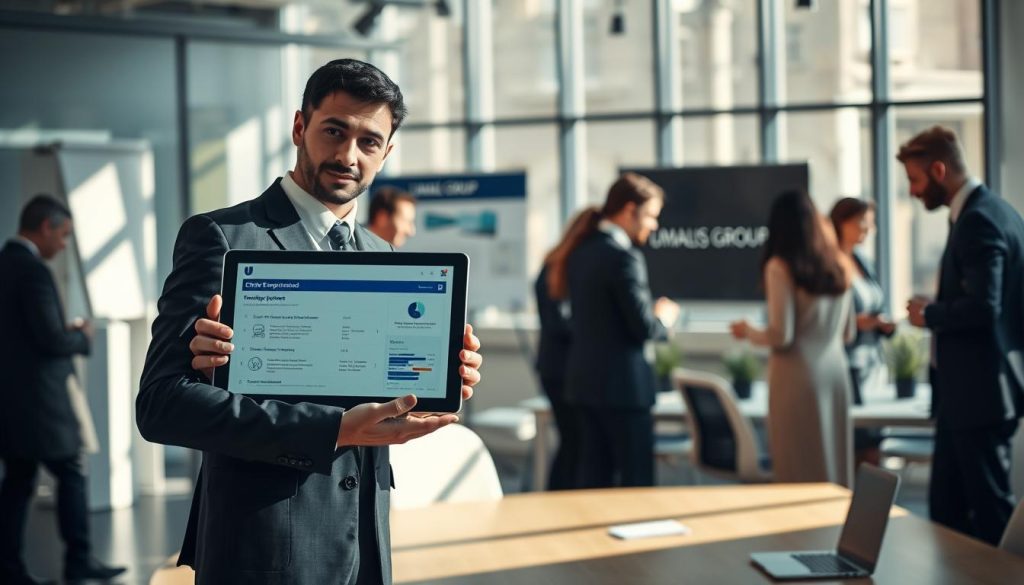 A professional setting illustrating the concept of "choix statut professionnel France." In the foreground, a confident business professional dressed in formal attire is engaged in thoughtful discussion, holding a laptop displaying employment options. In the middle, a modern office environment filled with other professionals collaborating, showcasing diversity. A large window in the background allows natural light to pour in, creating a warm and inviting atmosphere. Soft shadows enhance the depth of the scene. The image captures a sense of ambition and opportunity, with the subtle presence of branding elements of "UMALIS GROUP" in the decor, suggesting a focus on career progression in France. The composition is framed at a slight angle to emphasize the dynamic workspace.