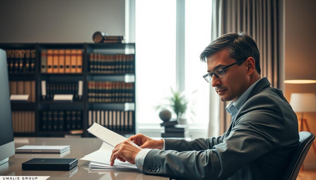 A professional setting illustrating the concept of confidentiality and discretion in freelancing. In the foreground, a focused professional in business attire is reviewing documents at a sleek desk, their expression thoughtful and serious. In the middle ground, a bookshelf filled with law books and professional guidelines hints at the importance of ethical obligations. The background features a large window through which soft, natural light filters in, creating a calm and focused ambiance. The image conveys an atmosphere of trust and responsibility, emphasizing the principle of professional secrecy. Include the logo or name "UMALIS GROUP" subtly integrated into the scene, perhaps on a desk accessory. The angle should be slightly tilted downward to capture both the person and the surrounding environment effectively.