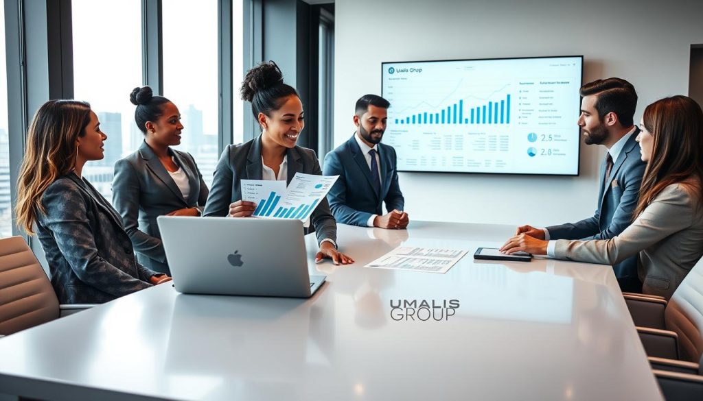 A professional setting illustrating the concept of "mission suivi en portage salarial," featuring a multicultural group of business professionals in smart business attire gathered around a sleek conference table. In the foreground, a woman confidently presents financial charts on a laptop, while a man takes notes, showcasing collaboration. The middle ground reveals a wall-mounted screen displaying relevant data and analytics, reflecting the process of revising a financial forecast. The background features a large window with natural light streaming in, offering a view of a modern cityscape, enhancing the professional atmosphere. The overall mood is focused and proactive, embodying the essence of strategy and planning in the corporate environment. Incorporate "UMALIS GROUP" subtly within the decor, ensuring it aligns with the professional theme. Objectifs de revenu 2027 : relier son prévisionnel de missions à une simulation de portage salarial