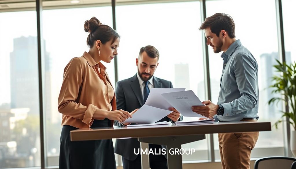A professional setting illustrating the concept of "mutuelle portage". In the foreground, depict a diverse group of three professionals, a woman in a smart blouse and skirt, a man in a business suit, and another individual in casual smart attire, discussing important documents. They should be focused and engaged, surrounded by a modern office environment with a large window revealing a cityscape in the background. Use soft, natural lighting to create an inviting atmosphere, emphasizing collaboration. Include a subtle logo of "UMALIS GROUP" on a document on the table. The overall mood should convey a sense of professionalism and support regarding employment benefits in a freelance context.