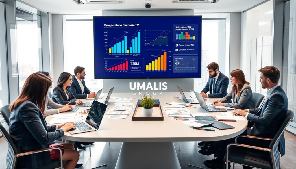 A professional setting illustrating the concept of "optimisation rémunération TJM" in the IT sector. In the foreground, a diverse group of business professionals, dressed in smart business attire, are engaged in a discussion around a sleek conference table cluttered with laptops, charts, and financial documents. In the middle, a large digital screen displays graphs and infographics depicting salary optimization strategies and TJM calculations. The background features a modern office space with large windows allowing natural light to illuminate the room, creating a bright and productive atmosphere. The overall mood is collaborative and innovative, embodying the essence of financial growth and efficiency. Incorporate the brand name "UMALIS GROUP" subtly within the office decor.