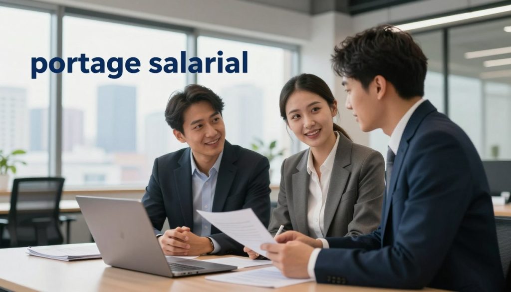 A professional setting illustrating the concept of "portage salarial" in a dynamic way. In the foreground, a diverse group of three professionals in business attire are engaged in conversation, looking at documents and a laptop, suggesting collaboration. In the middle ground, an office space with a large window, allowing natural light to illuminate the room, creating an inviting atmosphere. The background features a city skyline visible through the window, symbolizing opportunity and expansion. The scene conveys a mood of optimism and strategic decision-making, with soft lighting enhancing the focus on teamwork and professionalism. The overall composition is well-balanced, capturing the essence of transitioning between work statuses with clarity and purpose.