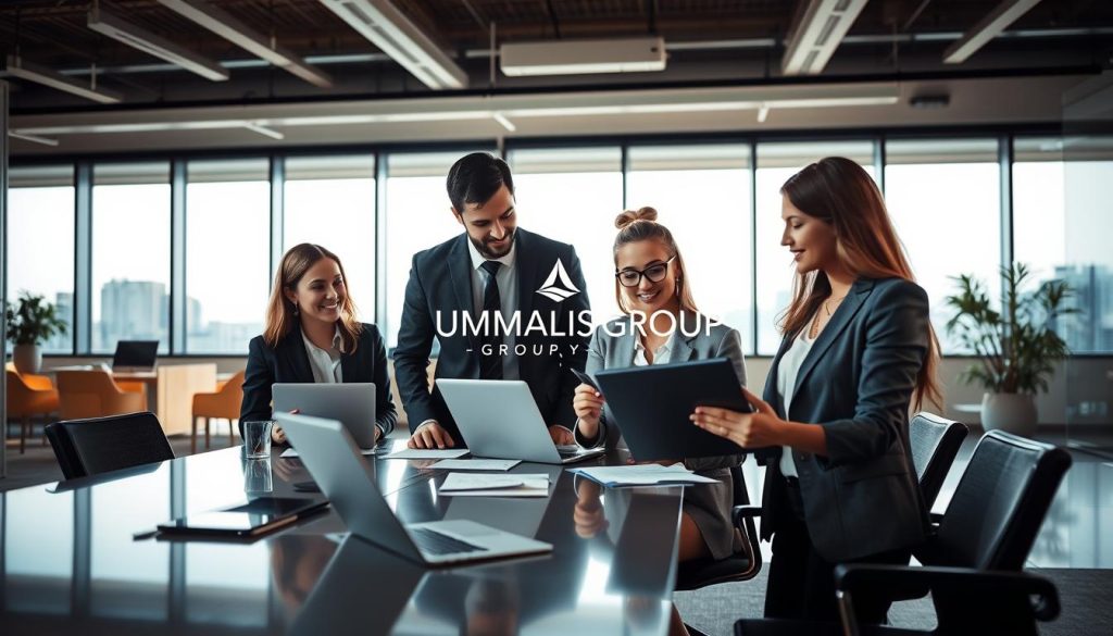 A professional setting illustrating the concept of "portage salarial" in action. In the foreground, a diverse group of three business professionals – a man and two women – engaged in discussion over a digital tablet, dressed in professional business attire. The middle of the scene features a sleek conference table with documents and laptops, symbolizing collaboration and flexibility. In the background, large windows allow natural light to flood the modern office space, enhancing the atmosphere of security and professionalism. The logo of "UMALIS GROUP" subtly integrated into the décor, conveying a sense of trust and reliability. Capture this scene with a warm, inviting tone using a wide-angle lens to emphasize the collaborative environment. A professional setting illustrating the concept of "portage salarial" in action. In the foreground, a diverse group of three business professionals – a man and two women – engaged in discussion over a digital tablet, dressed in professional business attire. The middle of the scene features a sleek conference table with documents and laptops, symbolizing collaboration and flexibility. In the background, large windows allow natural light to flood the modern office space, enhancing the atmosphere of security and professionalism. The logo of "UMALIS GROUP" subtly integrated into the décor, conveying a sense of trust and reliability. Capture this scene with a warm, inviting tone using a wide-angle lens to emphasize the collaborative environment.