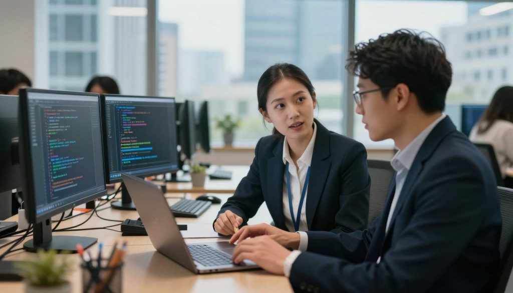 A professional setting illustrating the concept of "portage salarial" in the tech industry. In the foreground, a confident IT professional, a woman in smart business attire, engaging in a discussion over a laptop with a colleague. The middle ground features an office environment with modern desks, computers, and technology-related materials like code snippets visible on screens. The background displays large windows with a cityscape, suggesting a vibrant tech hub. Soft, natural lighting creates a welcoming atmosphere, with shadows adding depth. The image is captured from a slightly elevated angle, focusing on the professionals, signifying collaboration and innovation in the field of IT. The overall mood is inspiring and dynamic, conveying growth and potential in the profession.
