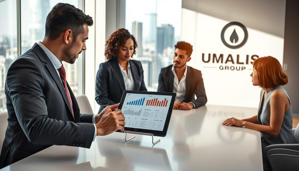 A professional setting illustrating the concept of "prélèvement à la source" in portage salarial, featuring a diverse group of three business professionals engaged in a discussion around a modern, sleek conference table. In the foreground, a person in a smart suit presents digital documents on a tablet showcasing graphs and statistics related to tax deductions. The middle ground includes a glass window with a view of a bustling city, symbolizing a professional environment. Soft, natural light streams in, creating a warm atmosphere. In the background, a logo of "UMALIS GROUP" is subtly integrated into the design on a wall. The overall mood is focused, collaborative, and informative. The image should not contain any text or overlays.