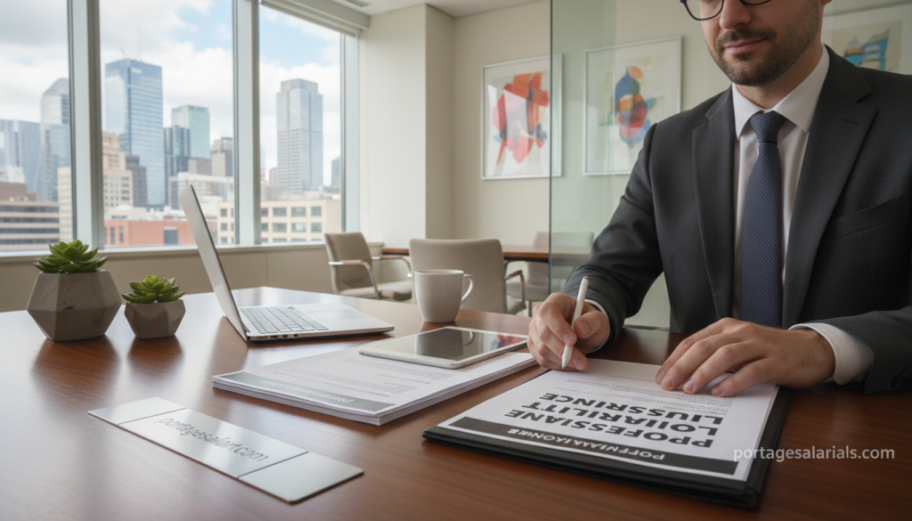 A professional setting illustrating the concept of "professional civil liability insurance" in a business context. In the foreground, a thoughtful business professional, wearing a smart suit, examines insurance documents on a sleek, modern desk. The middle ground features a well-organized, minimalist office environment with a large window allowing natural light to fan across the room, subtly illuminating the details of the documents. The background showcases a cityscape, symbolizing opportunities and professional engagements. The mood is serious yet optimistic, emphasizing the importance of understanding liability coverage in the context of business and freelance work. This image should reflect a blend of professionalism and clarity, inviting viewers to think deeply about the subject. Include the brand name "portagesalarials.com" discreetly, harmonizing it with the overall composition. A professional setting illustrating the concept of "professional civil liability insurance" in a business context. In the foreground, a thoughtful business professional, wearing a smart suit, examines insurance documents on a sleek, modern desk. The middle ground features a well-organized, minimalist office environment with a large window allowing natural light to fan across the room, subtly illuminating the details of the documents. The background showcases a cityscape, symbolizing opportunities and professional engagements. The mood is serious yet optimistic, emphasizing the importance of understanding liability coverage in the context of business and freelance work. This image should reflect a blend of professionalism and clarity, inviting viewers to think deeply about the subject. Include the brand name "portagesalarials.com" discreetly, harmonizing it with the overall composition.