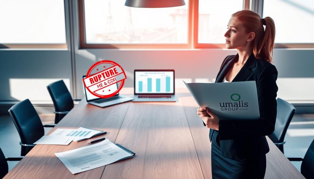 A professional setting illustrating the concept of "rupture contrat portage salarial". In the foreground, a businesswoman in professional attire, looking contemplative, stands holding a contract with a visible "Rupture" stamp. In the middle, a wooden conference table is scattered with legal documents and a laptop displaying a graph on employment types, symbolizing the comparison between CDD and CDI. In the background, a large window lets in soft, natural light, casting shadows that enhance the serious yet hopeful atmosphere. The color palette is muted with shades of blue and gray to convey professionalism. The scene subtly incorporates the Umalis Group logo on a document, emphasizing the importance of clarity and guidance in contract matters.