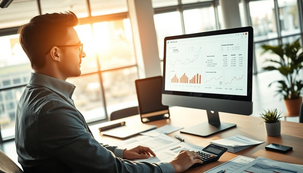 A professional setting illustrating the concept of salary calculation in the context of "portage salarial" (salary portage). In the foreground, a confident businessperson in professional attire, focused on a laptop screen displaying graphs and financial calculations. In the middle, a desk cluttered with documents, including invoices, spreadsheets, and a calculator. The background features a modern office environment with large windows allowing natural light to flood in, creating a bright and encouraging atmosphere. Soft shadows add depth to the scene. The ambiance is one of productivity and professionalism. Include a subtle logo of "UMALIS GROUP" on the laptop screen, enhancing the connection to salary consultancy services without distractions.
