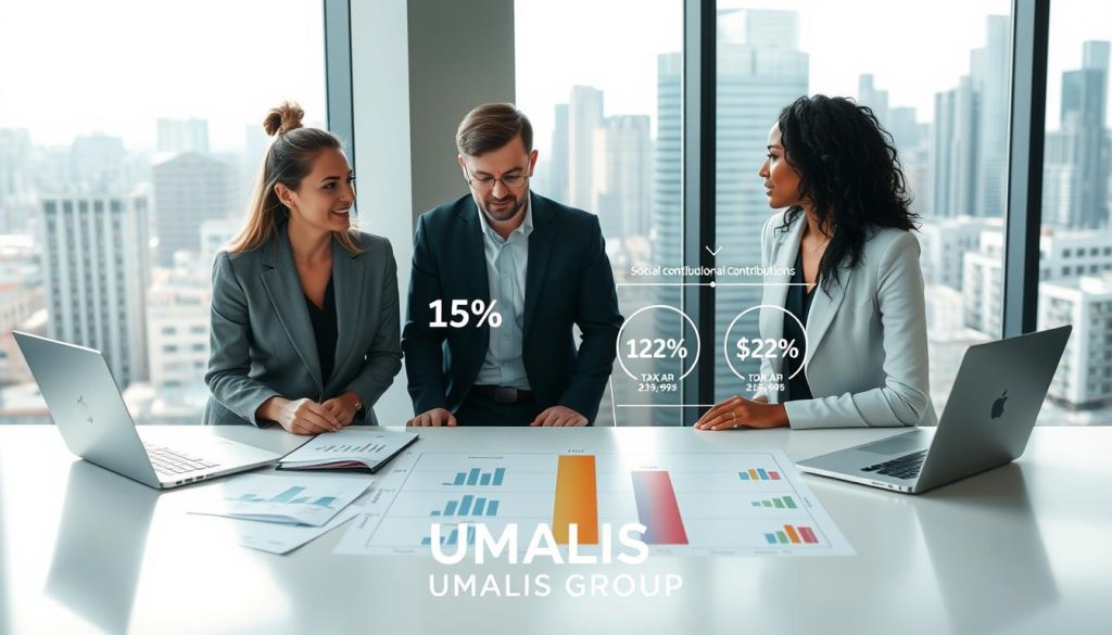 A professional setting illustrating the concept of "social contributions in portage salarial" is depicted. In the foreground, a diverse group of three consultants dressed in professional business attire, engaged in a discussion around a modern conference table with laptops and documents displaying charts and financial graphs. In the middle ground, an infographic style diagram showing the breakdown of tax and social contributions, visually highlighting percentages and categories. The background features a large window with a city skyline, indicative of a bustling business environment. Soft, natural lighting pours in, creating a motivating atmosphere. Emphasize the logo "UMALIS GROUP" subtly integrated into the design. The overall mood should convey professionalism and clarity regarding fiscal aspects and social contributions in the context of consultancy and portage salarial.