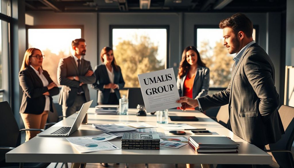 A professional setting illustrating the concept of "unemployment and retirement in portage salarial." In the foreground, a confident, diverse group of three business professionals, dressed in smart casual attire, are engaged in a discussion, with one gesturing toward a document labeled with "UMALIS GROUP." In the middle ground, a modern office space features a sleek meeting table littered with laptops, graphs, and financial documents symbolizing job security and retirement planning. The background includes large windows allowing warm, natural light to flood the room, casting soft shadows. The atmosphere should evoke a sense of collaboration, security, and professionalism, highlighting the importance of social protection for independent professionals.