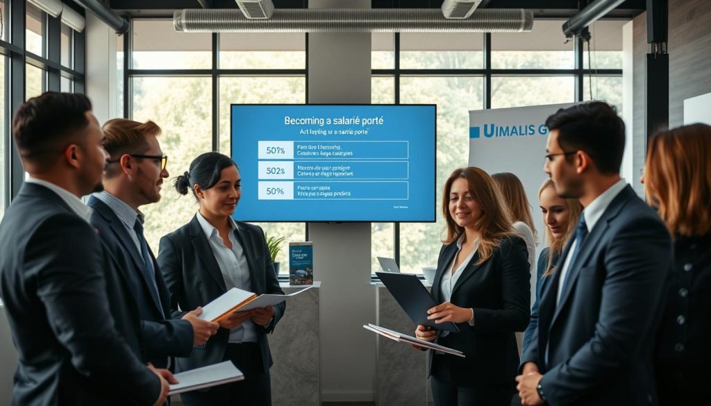 A professional setting illustrating the process of becoming a "salarié porté." In the foreground, a diverse group of individuals in smart business attire engages in conversation and collaboration, with documents and laptops laid out before them. In the middle ground, a modern office environment features a digital screen displaying the steps to becoming a salarié porté, emphasizing clarity and structure. The background showcases large windows allowing natural light to flood the space, creating an inviting atmosphere. The mood is focused and productive, conveying a sense of ambition and teamwork. The branding "Umalis Group" is subtly integrated into the setting, perhaps on a nearby wall or on promotional materials. The image should be well-lit, with a soft depth of field to highlight the foreground interactions while keeping the background slightly blurred. A professional setting illustrating the process of becoming a "salarié porté." In the foreground, a diverse group of individuals in smart business attire engages in conversation and collaboration, with documents and laptops laid out before them. In the middle ground, a modern office environment features a digital screen displaying the steps to becoming a salarié porté, emphasizing clarity and structure. The background showcases large windows allowing natural light to flood the space, creating an inviting atmosphere. The mood is focused and productive, conveying a sense of ambition and teamwork. The branding "Umalis Group" is subtly integrated into the setting, perhaps on a nearby wall or on promotional materials. The image should be well-lit, with a soft depth of field to highlight the foreground interactions while keeping the background slightly blurred.