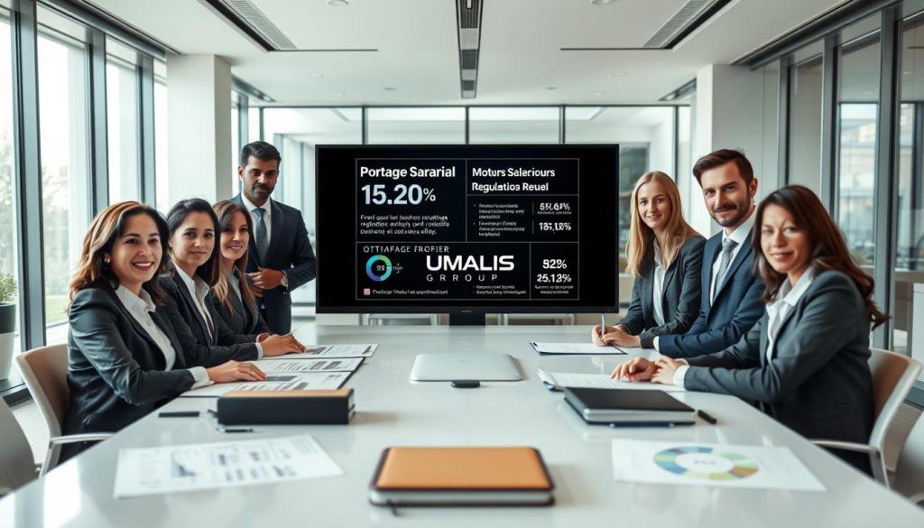 A professional setting illustrating the theme of "Actualités juridiques du portage salarial" in October 2026. In the foreground, a diverse group of business professionals in smart business attire is engaged in a discussion around a conference table, with charts and legal documents spread out. In the middle, a digital screen displays relevant statistics and updates about portage salarial regulations, with a modern design aesthetic. The background features a contemporary office environment with large windows letting in natural light, creating a bright and inviting atmosphere. The mood is serious yet collaborative, emphasizing a sense of urgency and importance. The brand logo "UMALIS GROUP" is subtly integrated into the digital screen design. The image should be sharp and well-lit, using an angle that captures the group confidently interacting.