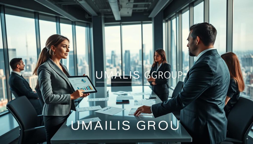 A professional setting in an elegant office environment, showcasing a diverse group of business professionals engaged in a discussion about employment solutions. In the foreground, a confident woman in a tailored suit points to graphs and charts displayed on a digital tablet, while a man in formal business attire listens attentively. In the middle ground, colleagues collaborate at a sleek conference table, featuring notes and documents related to "portage salarial." The background features large windows offering a panoramic view of a bustling cityscape, with natural light flooding the room. The atmosphere is vibrant and dynamic, symbolizing innovation and teamwork. Include the brand name "UMALIS GROUP" subtly integrated into the office ambiance, emphasizing professionalism without overt branding.