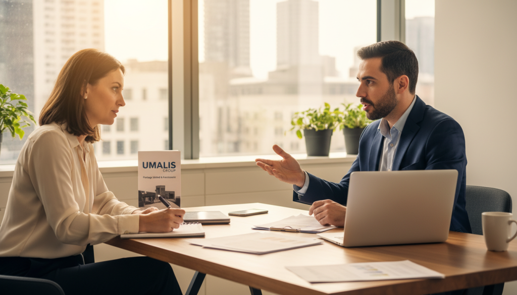 A professional setting in an office environment where an expert advisor is providing guidance on "portage salarial" to an independent worker. The foreground features a well-dressed consultant in business attire, engaged in an animated discussion with a client, who is taking notes. In the middle ground, a modern office desk with a laptop, documents, and a notepad can be seen, emphasizing the administrative aspect of the work. The background reveals a large window with soft, natural light filtering in, creating a warm and inviting atmosphere. The overall mood is one of collaboration and support, reflecting the professional assistance from Umalis Group. The scene is shot from a slight angle to capture both the interaction and the elegant office space.