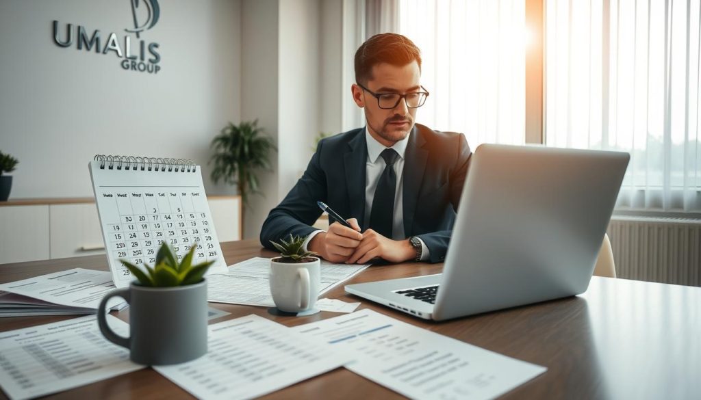 A professional setting in an office featuring a focused businessman in a sharp suit checking a calendar on his laptop. The foreground shows him holding a pen, with financial documents spread out on the desk, including spreadsheets displaying salary figures and payment dates. In the middle ground, a small potted plant adds a touch of warmth, alongside a coffee cup, enhancing the productivity vibe. The background features a large window with soft natural light pouring in, illuminating the room and casting a gentle glow on the scene. The atmosphere is one of diligence and anticipation, emphasizing the concept of salary advancement. On the wall, there is a subtle logo of "UMALIS GROUP," connecting the scene to the theme of payment timelines.