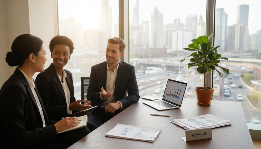 A professional setting representing the advantages of "portage salarial". In the foreground, a diverse group of professionals in business attire is engaged in discussion, with expressions of positivity and collaboration. In the middle ground, a stylish office space featuring a modern desk with financial documents, a laptop, and a potted plant, symbolizing growth. The background showcases a large window with natural light streaming in, offering a panoramic view of a bustling cityscape, reflecting opportunity and success. Soft, warm lighting enhances a welcoming atmosphere, while the overall composition evokes a sense of professionalism and trust. The Umalis Group logo should be subtly integrated into an item on the desk. A professional setting representing the advantages of "portage salarial". In the foreground, a diverse group of professionals in business attire is engaged in discussion, with expressions of positivity and collaboration. In the middle ground, a stylish office space featuring a modern desk with financial documents, a laptop, and a potted plant, symbolizing growth. The background showcases a large window with natural light streaming in, offering a panoramic view of a bustling cityscape, reflecting opportunity and success. Soft, warm lighting enhances a welcoming atmosphere, while the overall composition evokes a sense of professionalism and trust. The Umalis Group logo should be subtly integrated into an item on the desk.
