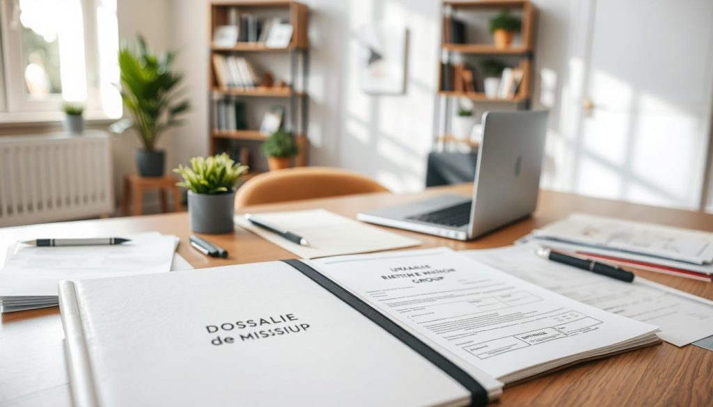A professional setting showcasing a "Dossier de mission" along with various supporting documents. In the foreground, a neatly organized portfolio featuring the brand name "UMALIS GROUP" prominently displayed. Beside it, an array of officially stamped papers, contracts, and identification documents creating a sense of thoroughness. In the middle ground, a stylish wooden desk, pens, and a laptop, hinting at a productive workspace. In the background, a softly lit office environment with shelves containing books and plants, conveying a welcoming atmosphere. The scene is illuminated with natural light pouring in through a window, creating a bright and airy mood. The overall composition reflects professionalism and clarity, suitable for illustrating the importance of consistent documentation in client-consultant relationships.