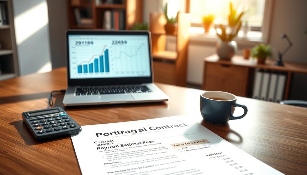 A professional setting showcasing a Portage salarial contract and payroll estimate, laid out on a sleek wooden desk. In the foreground, a detailed contract document with clear sections labeled 'Contract', 'Payroll Estimate', and 'Fees', accompanied by a calculator and a cup of coffee. In the middle ground, a laptop displaying financial graphs and calculations, reflecting the analytical nature of the subject. The background features a softly focused office environment with shelves containing business books and plants, enhancing the professional atmosphere. The lighting is warm and inviting, with natural light streaming in through a window, casting soft shadows across the desk. The image conveys an organized and productive workspace associated with Umalis Group, emphasizing clarity and professionalism for international consultants.