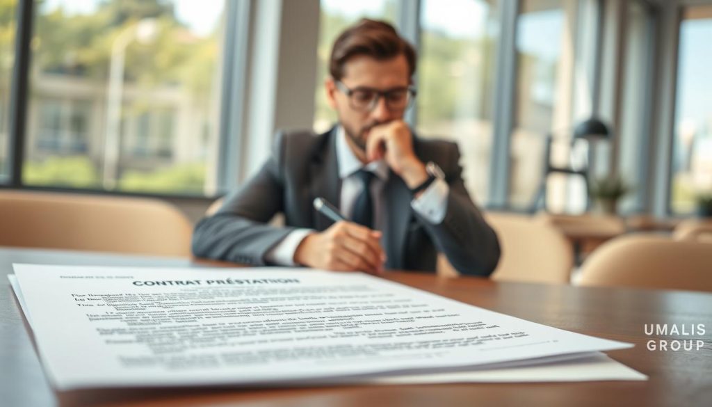 A professional setting showcasing a close-up of a "contrat prestation" document placed thoughtfully on a sleek wooden desk. In the foreground, the document is prominently featured, displaying key sections and legal clauses related to portage salarial contracts, with details like headers and signature lines clearly visible. The middle ground features a focused professional wearing business attire, pen in hand, contemplating the contract, symbolizing diligence and thoughtfulness. In the background, a softly blurred office environment with natural light streaming through large windows, enhancing an atmosphere of clarity and productivity. The mood is serious yet encouraging, emphasizing the importance of valid contracts in freelance work. The brand name "UMALIS GROUP" subtly appears on the document.