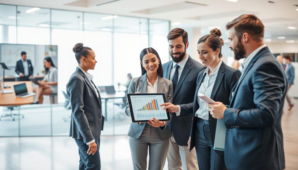A professional setting showcasing a comparison of different employment statuses, specifically focusing on 'portage salarial' versus other professional statuses like freelance and permanent employment. In the foreground, depict a diverse group of three professionals in business attire engaging in a discussion, using charts and graphs displayed on a sleek digital tablet. The middle ground features a modern office environment with a glass wall and minimalistic furniture, highlighting a contrast of professional settings. In the background, images representing various employment statuses, like a freelancer at a home office, and corporate employees in a bustling office, subtly blend into the backdrop. The lighting is bright and inviting, with a focus on soft shadows, giving a sense of clarity and professionalism. The overall mood is informative and collaborative. A professional setting showcasing a comparison of different employment statuses, specifically focusing on 'portage salarial' versus other professional statuses like freelance and permanent employment. In the foreground, depict a diverse group of three professionals in business attire engaging in a discussion, using charts and graphs displayed on a sleek digital tablet. The middle ground features a modern office environment with a glass wall and minimalistic furniture, highlighting a contrast of professional settings. In the background, images representing various employment statuses, like a freelancer at a home office, and corporate employees in a bustling office, subtly blend into the backdrop. The lighting is bright and inviting, with a focus on soft shadows, giving a sense of clarity and professionalism. The overall mood is informative and collaborative.
