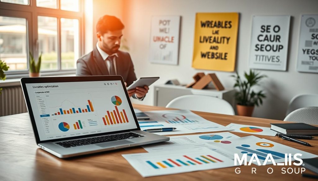 A professional setting showcasing a detailed SEO optimization plan. In the foreground, a sleek wooden desk featuring an open laptop displaying graphs and analytics related to website performance, surrounded by colorful charts and papers with icons symbolizing SEO strategies. In the middle, a business expert in professional attire, intently analyzing data on a digital tablet, highlighting the concept of "livrables optimisation SEO". In the background, a bright office environment with motivational posters about growth and visibility. Soft, natural lighting illuminates the scene from large windows, creating an inspiring and focused atmosphere. The overall mood is one of productivity and strategic thinking, prominently incorporating the brand "UMALIS GROUP".