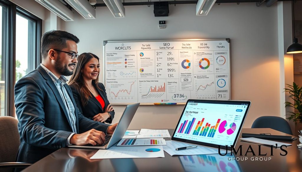 A professional setting showcasing a detailed and vibrant SEO audit workspace. In the foreground, a diverse team of three professionals, dressed in smart business attire, examines colorful charts and graphs on a laptop screen, symbolizing data analysis. In the middle, a large whiteboard filled with SEO strategies, keywords, and different website performance metrics, enhancing the sense of a collaborative environment. The background features modern office decor with soft lighting casting a warm glow, creating an engaging atmosphere. The lens should capture the scene at a slightly angled perspective to emphasize the dynamics of teamwork and focus on the task at hand. The overall mood is focused and encouraging, reflecting the importance of personalized SEO audits. Include subtle branding elements for "UMALIS GROUP" in the workspace.