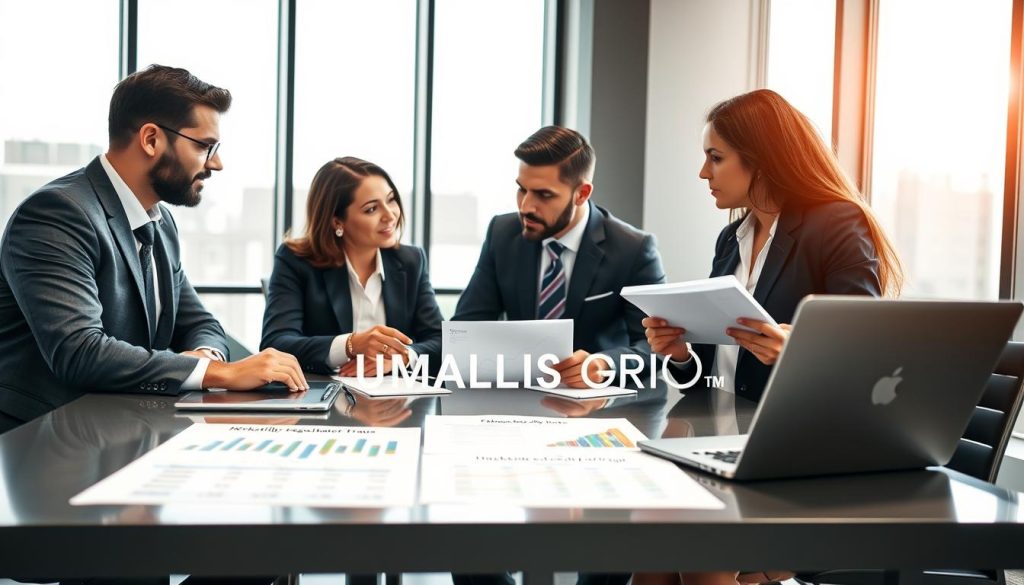 A professional setting showcasing a diverse group of business professionals engaged in a discussion about freelance daily rates and market benchmarks. In the foreground, a sleek table with a laptop, charts, and graphs illustrating numerical data related to daily rates (TJM). The middle ground features three individuals in professional business attire, deep in conversation, exuding focus and determination. One person is pointing at a chart, while another holds a notepad, taking notes. Bright, natural light filters through modern office windows in the background, creating an open and collaborative atmosphere. The image should include the brand name "UMALIS GROUP" subtly incorporated into a chart on the table, ensuring the focus remains on the negotiation themes. The overall mood should be professional and motivating, aimed at successful negotiation preparation.