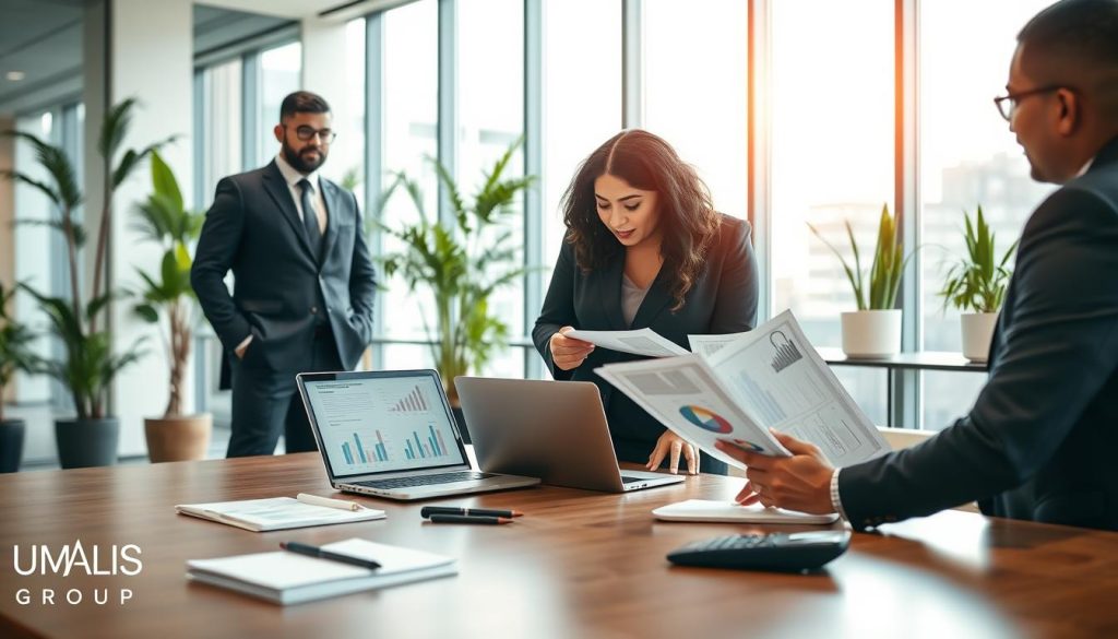 A professional setting showcasing a diverse group of businesspeople engaged in a discussion about salary calculations in a portage salarial context. In the foreground, a man in a sharp suit and a woman in a tailored business dress are reviewing financial documents and a laptop, with precise charts and graphs visible on the screen. In the middle, a stylish conference table adorned with notebooks, pens, and a calculator, symbolizing a collaborative work environment. The background features a modern office with large windows, allowing natural light to flood the space, complemented by potted plants and contemporary decor. The atmosphere is focused and analytical, reflecting professionalism and teamwork. Include subtle branding elements representative of "UMALIS GROUP" through office materials, ensuring a distinct, corporate feel.