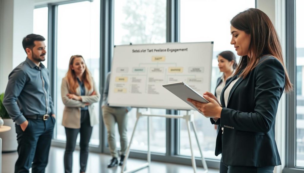 A professional setting showcasing a diverse group of engaged freelancers in a bright, modern office space. In the foreground, a confident woman in smart business attire explains a document on a tablet to her colleagues, who are attentively listening and taking notes. In the middle, a large whiteboard displays a flowchart illustrating the steps to start a portage engagement, with clear, colorful visuals. The background features large windows allowing natural light to flood the room, creating an inviting atmosphere. The mood is collaborative and proactive, symbolizing growth and support for freelance careers, with a subtle inclusion of Umalis Group branding in a minimalist style. The image should have a sharp focus on the subjects, with soft bokeh in the background to enhance professionalism.