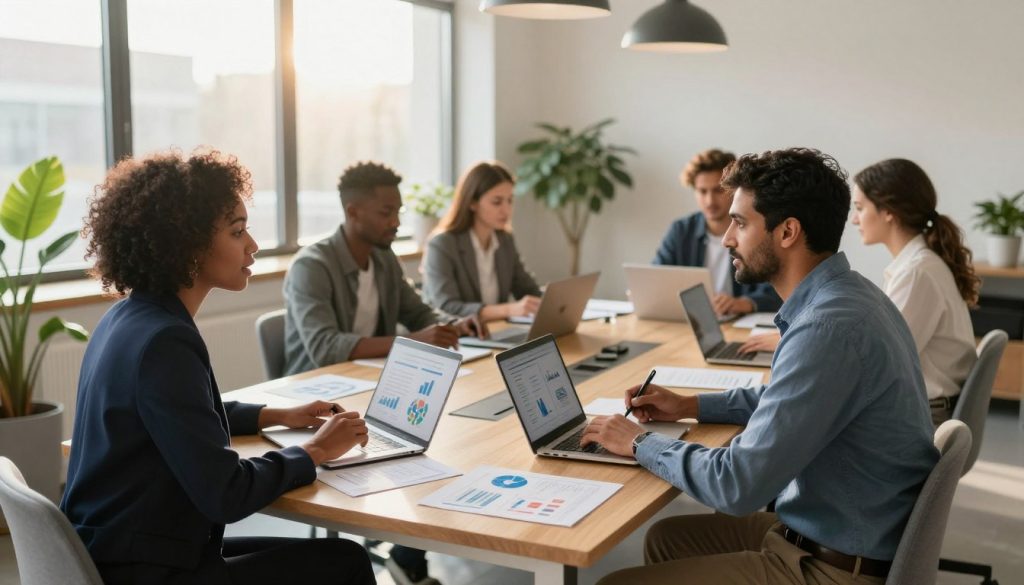 A professional setting showcasing a diverse group of freelancers engaged in a collaborative meeting in a modern office space. In the foreground, a Black woman in smart business attire discusses with a South Asian man, both using laptops and taking notes. The middle ground features a large conference table with charts and documents spread out, emphasizing themes of organization and strategy. The background showcases large windows with soft sunlight streaming in, creating a warm and inviting atmosphere. The room features contemporary decor with potted plants, promoting an inspiring and productive workspace. The mood conveys a sense of professionalism, teamwork, and forward-thinking, perfect for illustrating the concept of portage salarial. The scene is captured with a wide-angle lens to emphasize the spaciousness and openness of the office. A professional setting showcasing a diverse group of freelancers engaged in a collaborative meeting in a modern office space. In the foreground, a Black woman in smart business attire discusses with a South Asian man, both using laptops and taking notes. The middle ground features a large conference table with charts and documents spread out, emphasizing themes of organization and strategy. The background showcases large windows with soft sunlight streaming in, creating a warm and inviting atmosphere. The room features contemporary decor with potted plants, promoting an inspiring and productive workspace. The mood conveys a sense of professionalism, teamwork, and forward-thinking, perfect for illustrating the concept of portage salarial. The scene is captured with a wide-angle lens to emphasize the spaciousness and openness of the office.