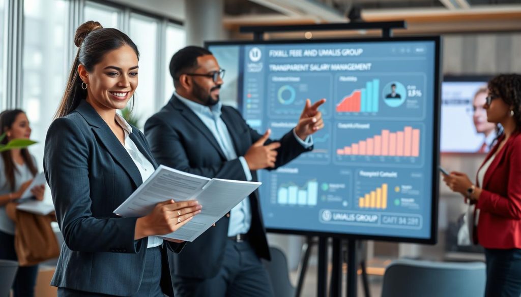 A professional setting showcasing a diverse group of freelancers engaging with digital technology, with a clear focus on the concept of fixed fee and transparent salary management. In the foreground, a confident women in business attire reviews documents on a tablet, symbolizing modern freelance work. In the middle, a man gesturing towards a large digital screen displaying graphs and charts, highlighting transparency and support. The background features a sleek, modern office environment with soft lighting, creating a productive atmosphere. The overall mood is optimistic and collaborative, reflecting a dynamic freelance career landscape. Include subtle branding elements of "UMALIS GROUP" integrated into the digital display, ensuring a cohesive visual identity.